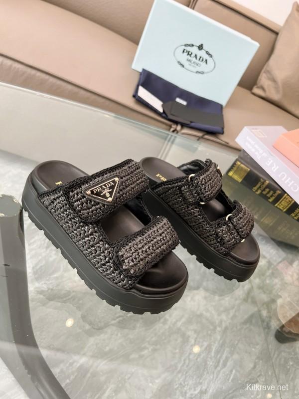 2025 Prada Black Woven Leather Slippers LY00290