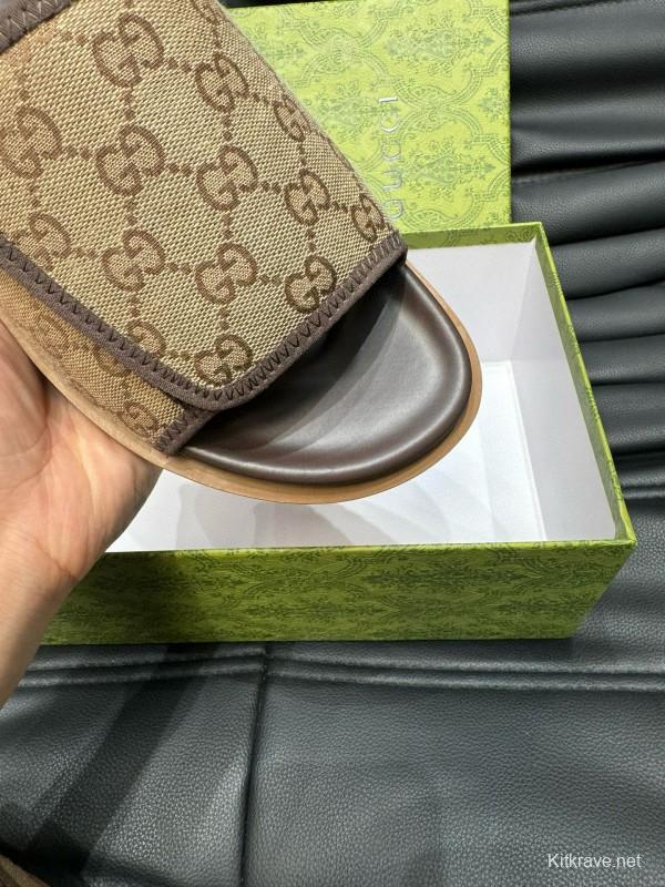 2024 Slippers Gucci Brown Canvas Leather Slippers MJ00200