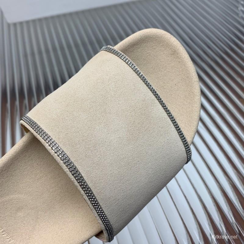 2025 Women Brunello Cucinelli Beige Suede Flat Slide Sandals Handmade Detailing KFY00240 (F)