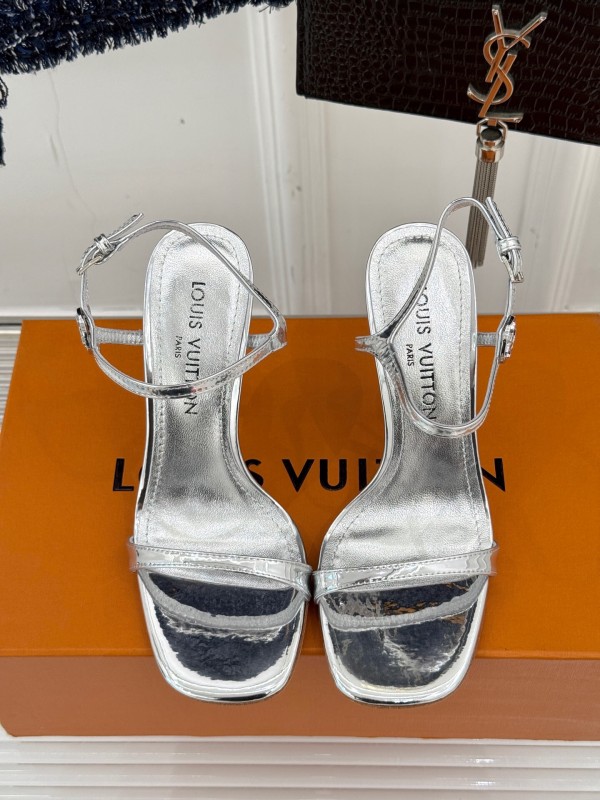 2025 Women Louis Vuitton Silver Calfskin Leather Strappy High Heel Sandals KFY00280