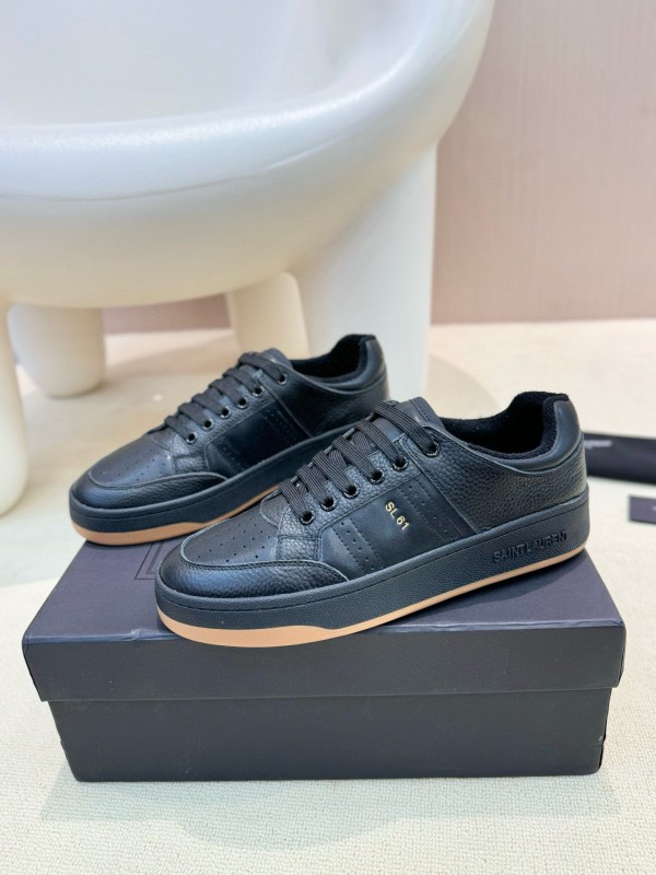 2024 Unisex Yves Saint Laurent Black Silk Grain Leather SL61 Casual Series Perforated MJ00350