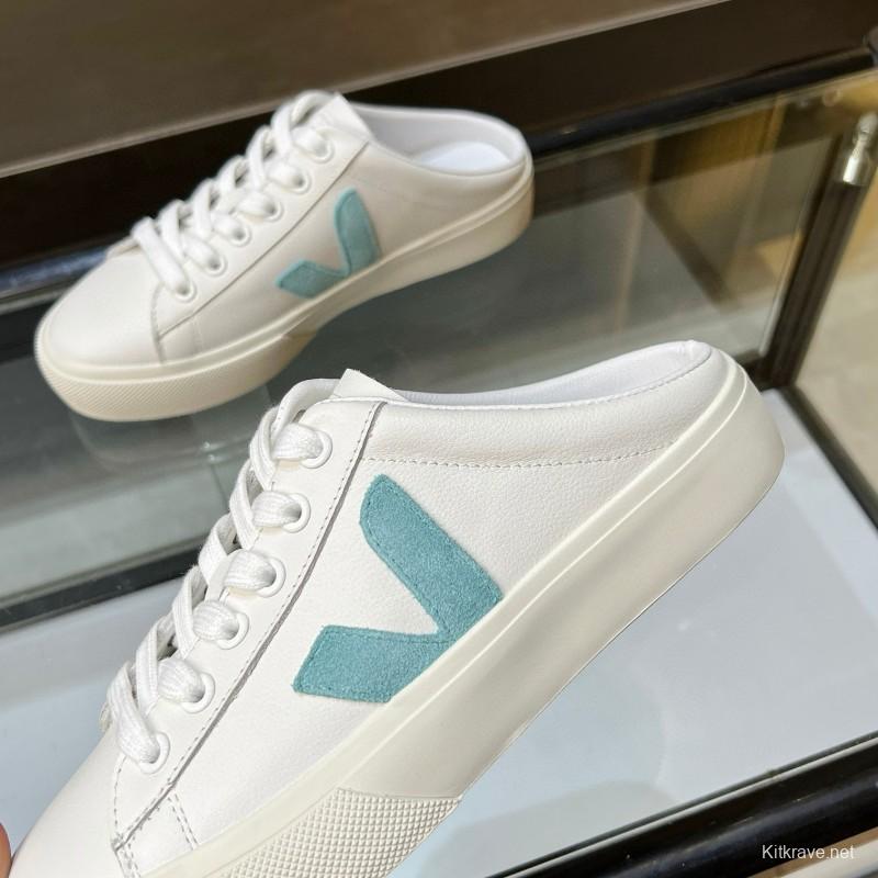 2025 VEJA White Blue Leather Canvas Slip-On Sneakers