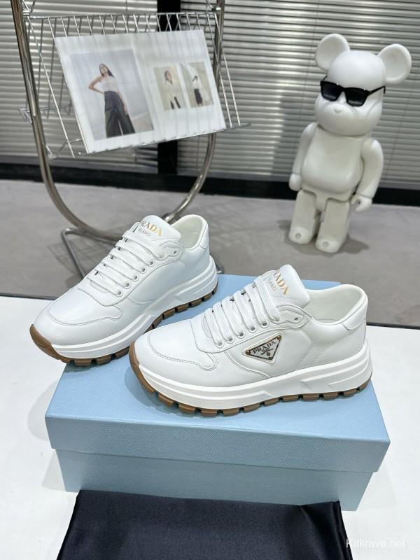 2025 Women Prada White Cow Leather Lambskin Sneakers KFY00310