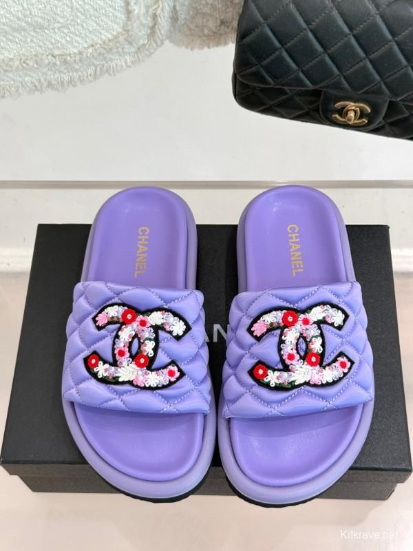 2025 Slippers Chanel Purple Quilt Embroidery