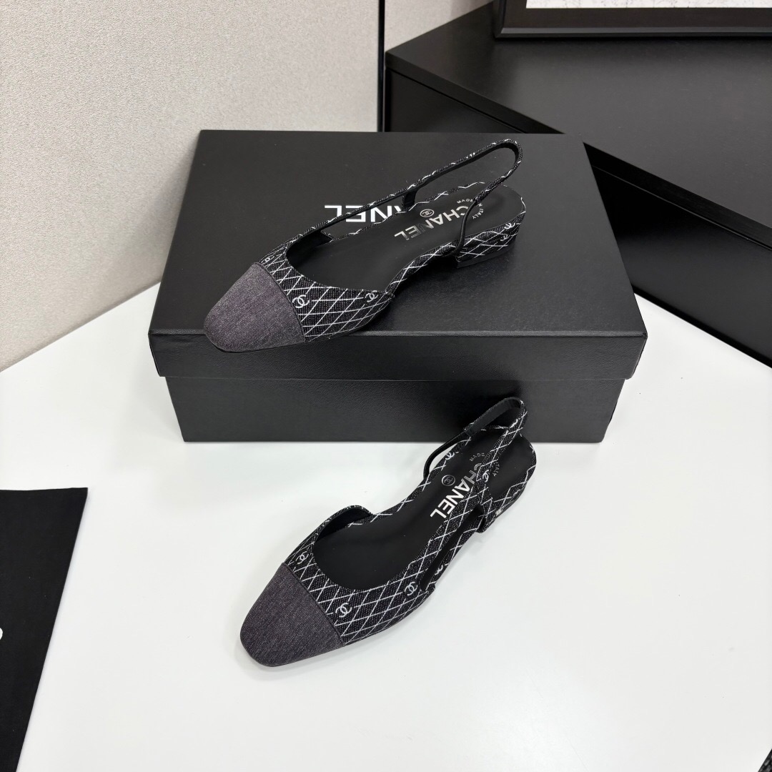 2025 Women Chanel Black White Fabric Leather Slingback LY00240