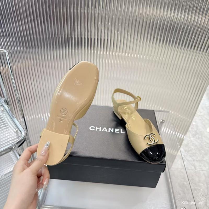 2025 Women Chanel Beige Black Leather Slingback Flat Sandals LY00260