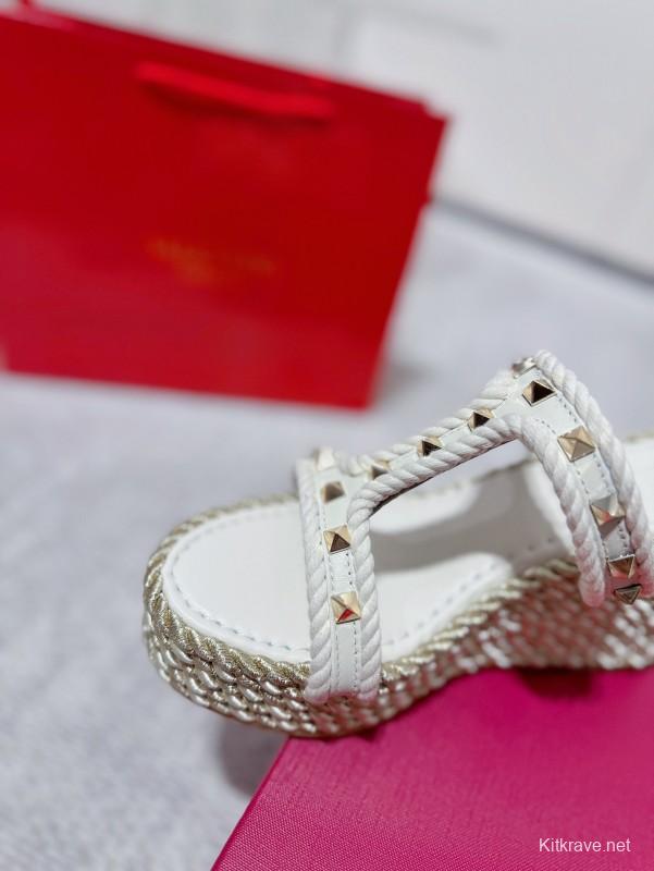 2025 Women Valentino White Leather Wedge Sandals Studs LY00290