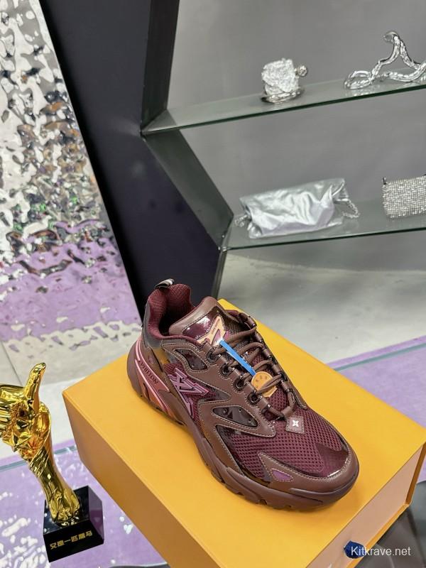 2025 Men Louis Vuitton Brown Mesh Leather Sneakers MJ00420