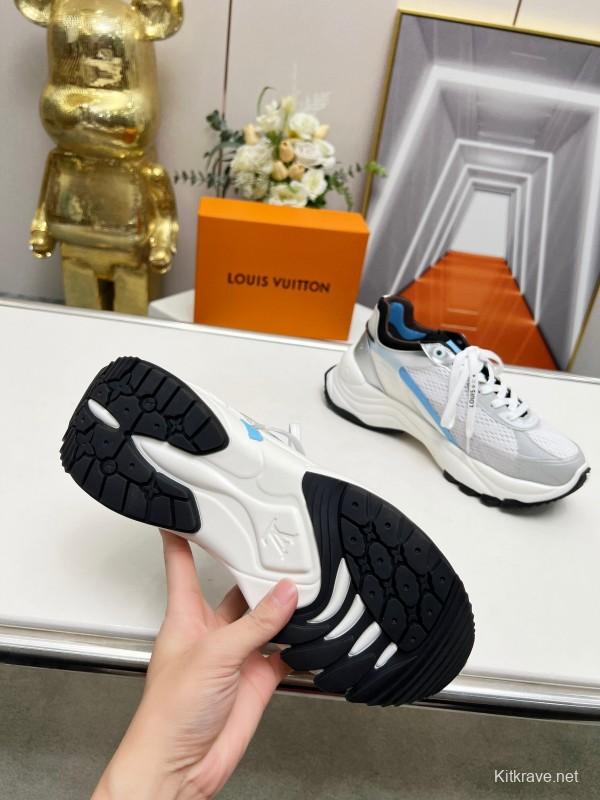 2025 Unisex Louis Vuitton White Blue Leather Mesh Sneakers Monogram LV00340