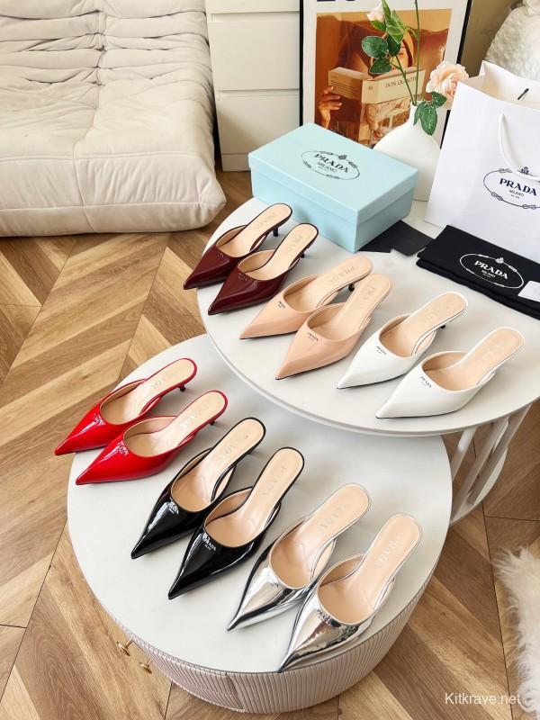 2025 Women Prada Silver Patent Leather Mules