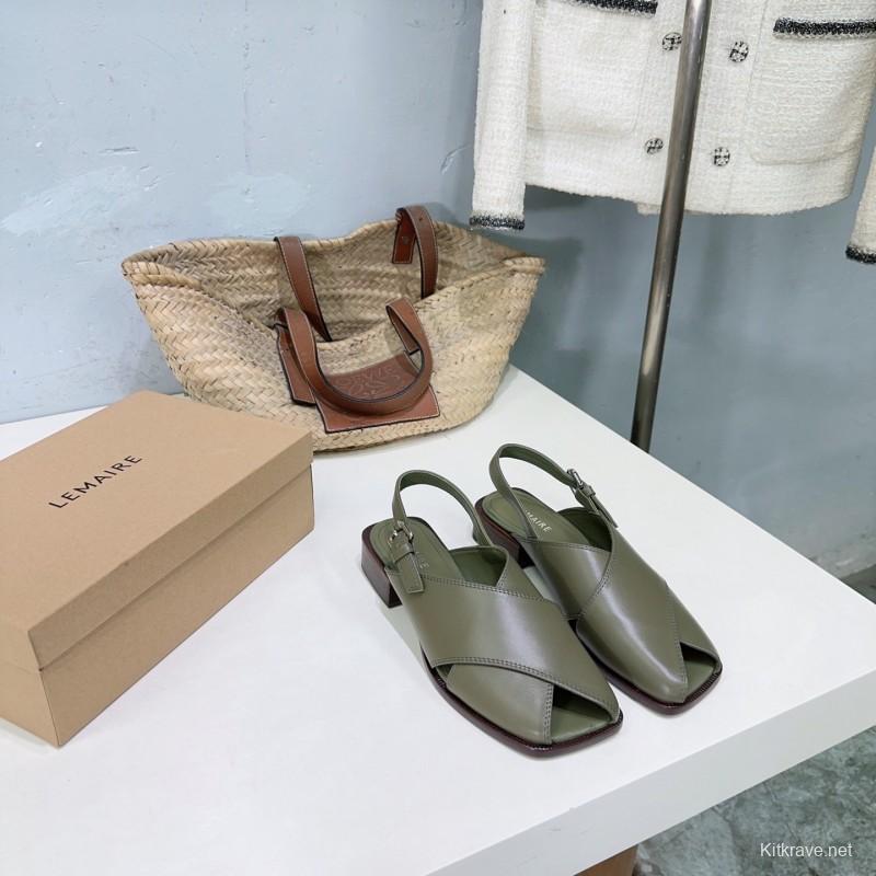 2025 Women Lemaire Green Leather Slingback Sandals KFY00310