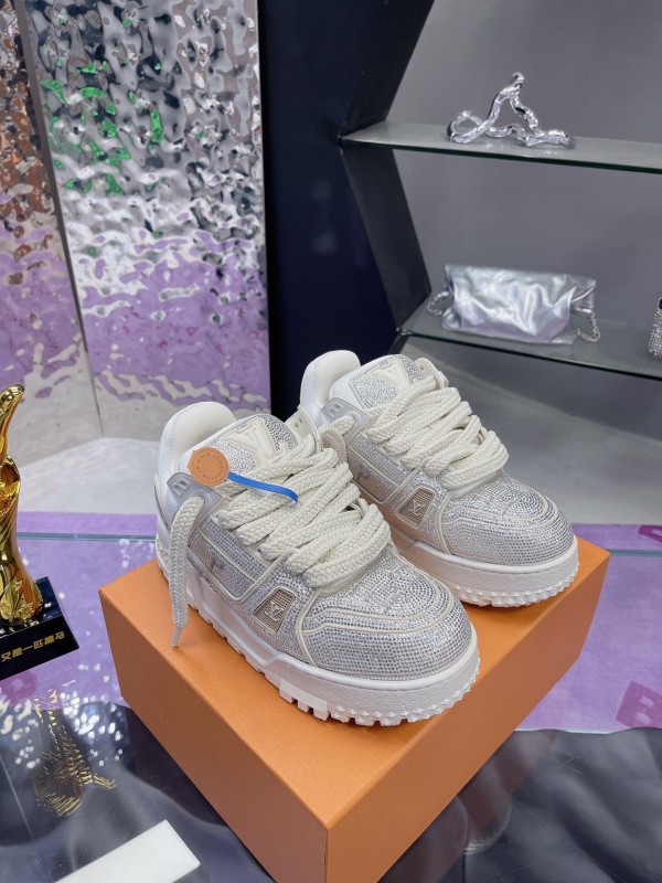 2025 Unisex Louis Vuitton White Crystal Leather Plimsolls Bing Bing AS00420