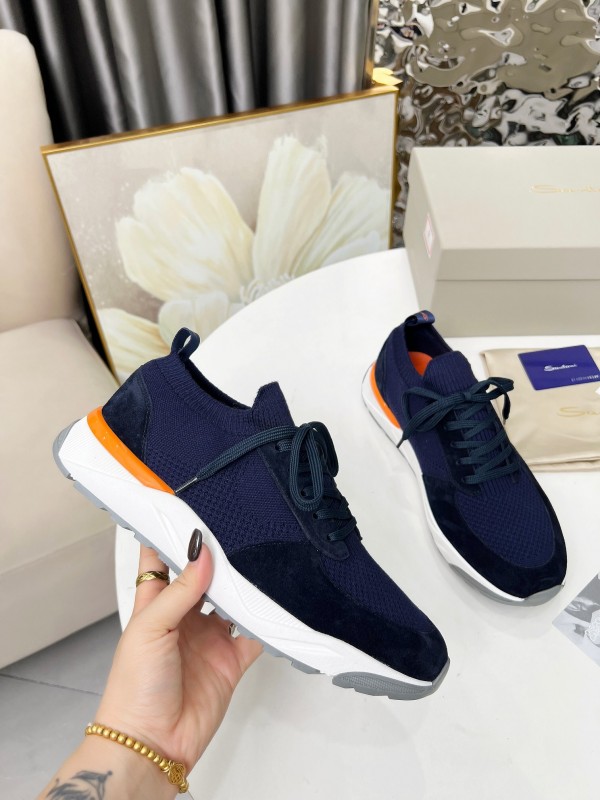 2025 Unisex Santoni Navy Orange Wool Knit Leather Sneakers AS00320