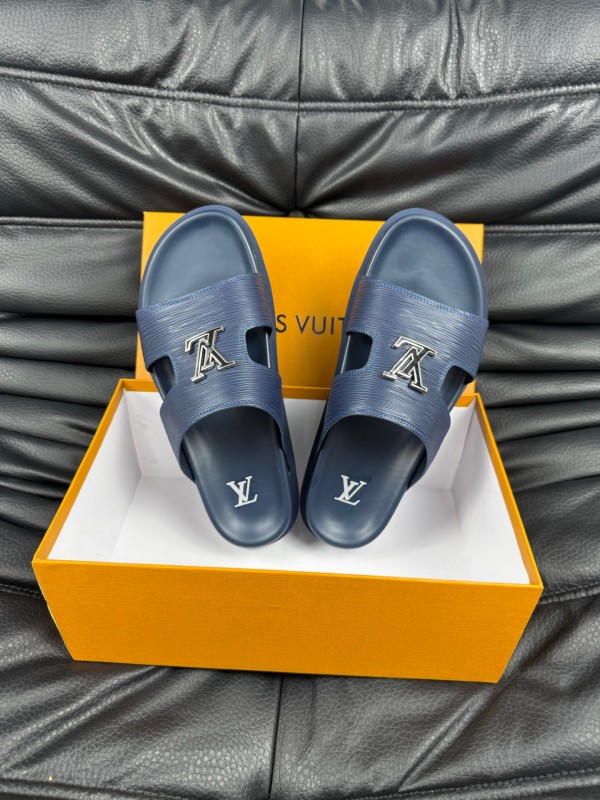2025 Men Louis Vuitton Blue Leather Slippers AS00170