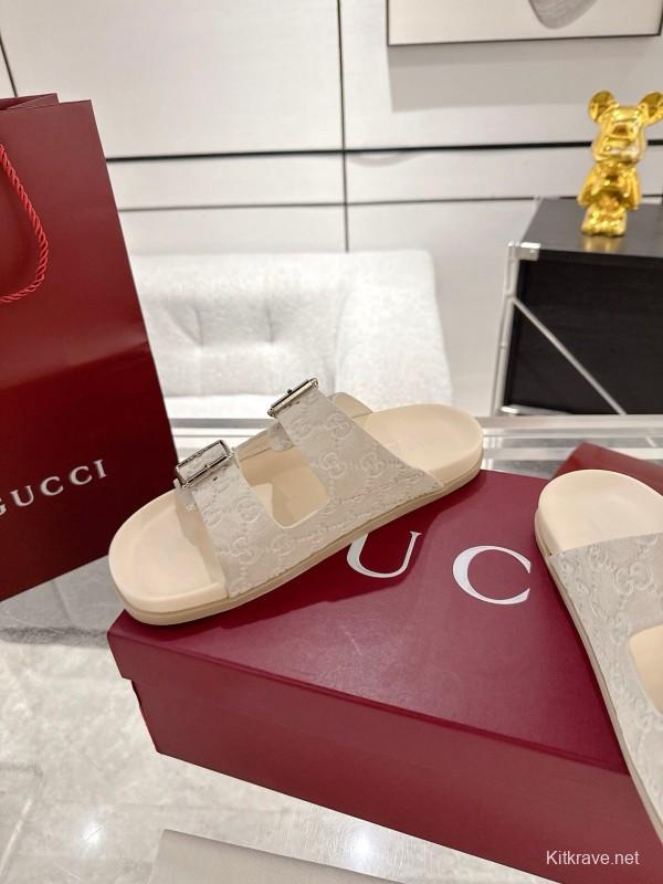 2025 Women Gucci White Leather Slippers Double G Embossed AS00240