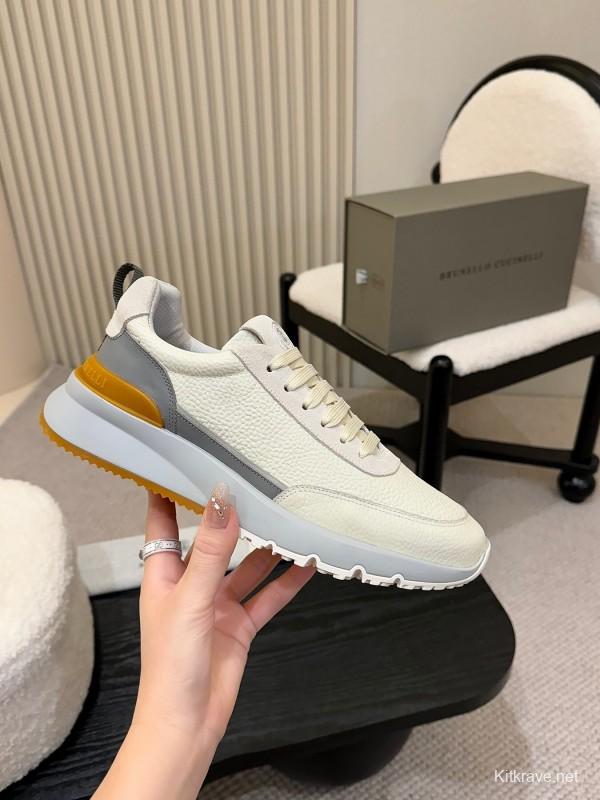 2025 Men Brunello Cucinelli Black Ivory Blue Almond Calfskin Leather Sneakers AS00320