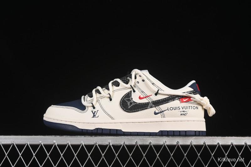 Nike SB Dunk Low LV Collaboration Strap Denim Black Swoosh Anniversary High-End Custom Low-Top Casual Skate Shoes - FC1688-220