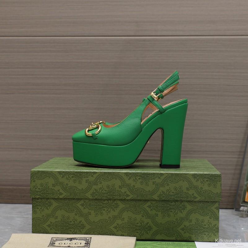 2025 Women Gucci Green Leather Platform High Heels KFY00320