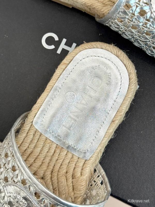2025 Women Chanel Silver Leather Woven Fisherman Slippers KFY00240
