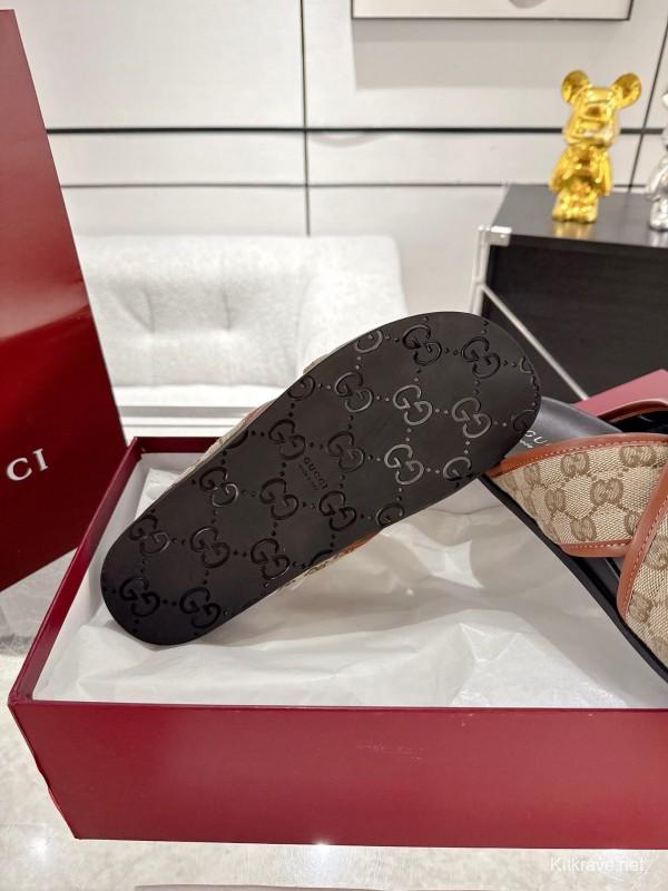 2025 Unisex Gucci Beige Brown Canvas Leather Slippers Double G Embossed AS00240