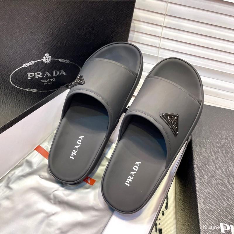 2025 Men Prada Black Fabric Slippers Logo KFY00230
