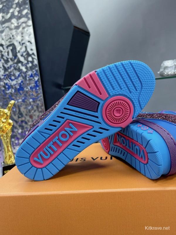 2025 Women Louis Vuitton Blue Purple Leather Fabric Plimsolls Handcrafted Rhinestones AS00400