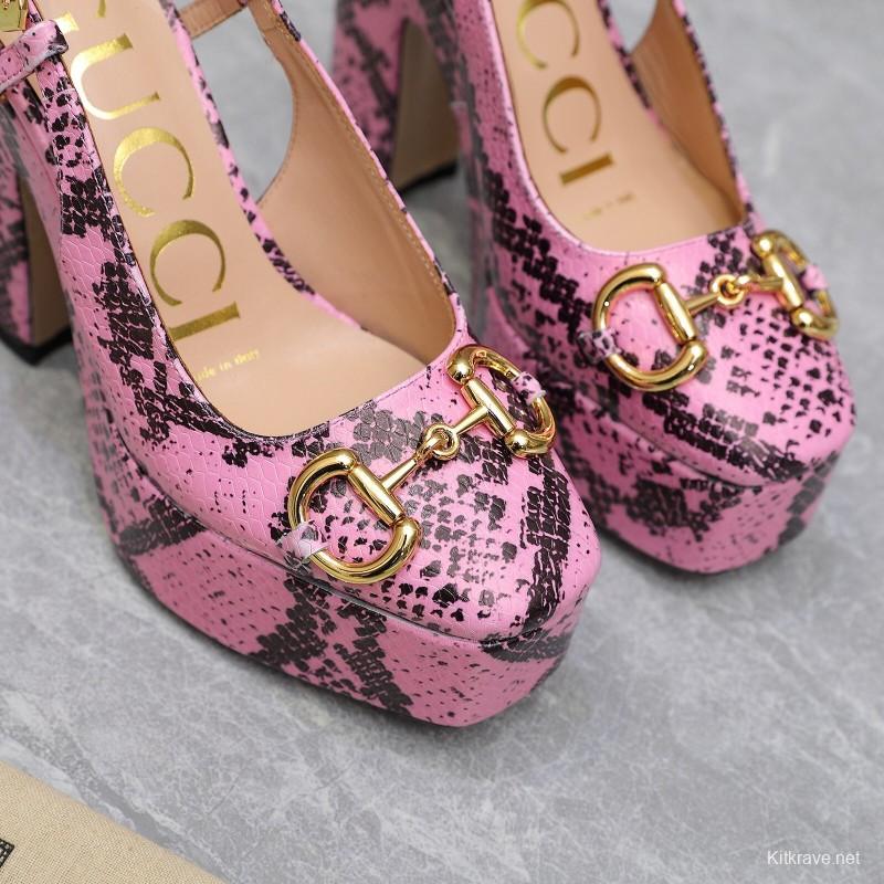 2025 Women Gucci Pink Black Leather Platform High Heels KFY00320