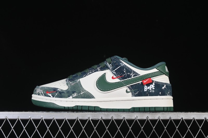 Nike SB Dunk Low BAPE Collaboration White Army Green Anniversary High-End Custom Low-Top Casual Skate Shoes - SC0601-465