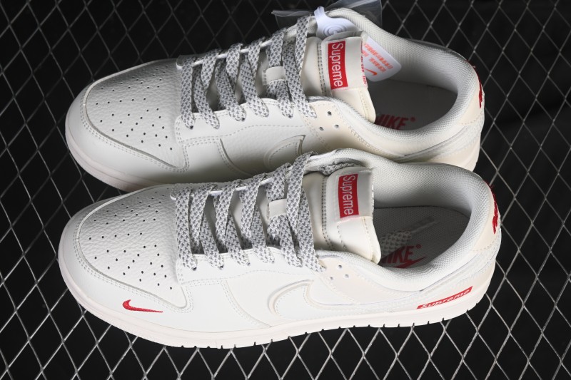 Nike SB Dunk Low Supreme Collaboration Off-White Red Swoosh Low-Top Casual Skate Shoes - CS1688-109