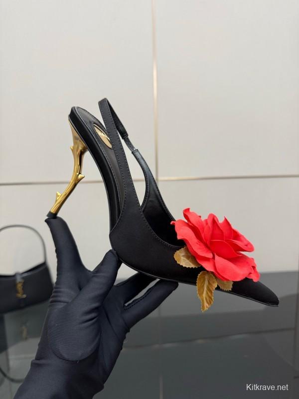 Saint Laurent 2025 SS Rose Thorn High Heels with Sculptural Gold Heel - KFY00320