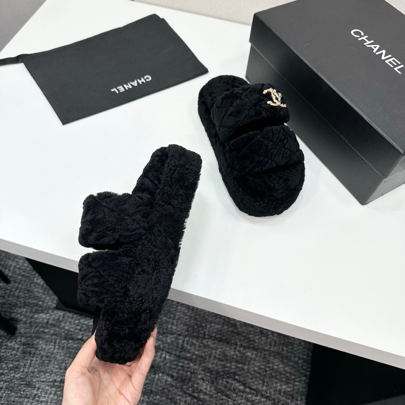 Chanel 2025 SS New Autumn Winter Lazy Sheep Genuine Wool Lazy Slippers Chanel Quilted Platform Fur Slippers - LY00300
