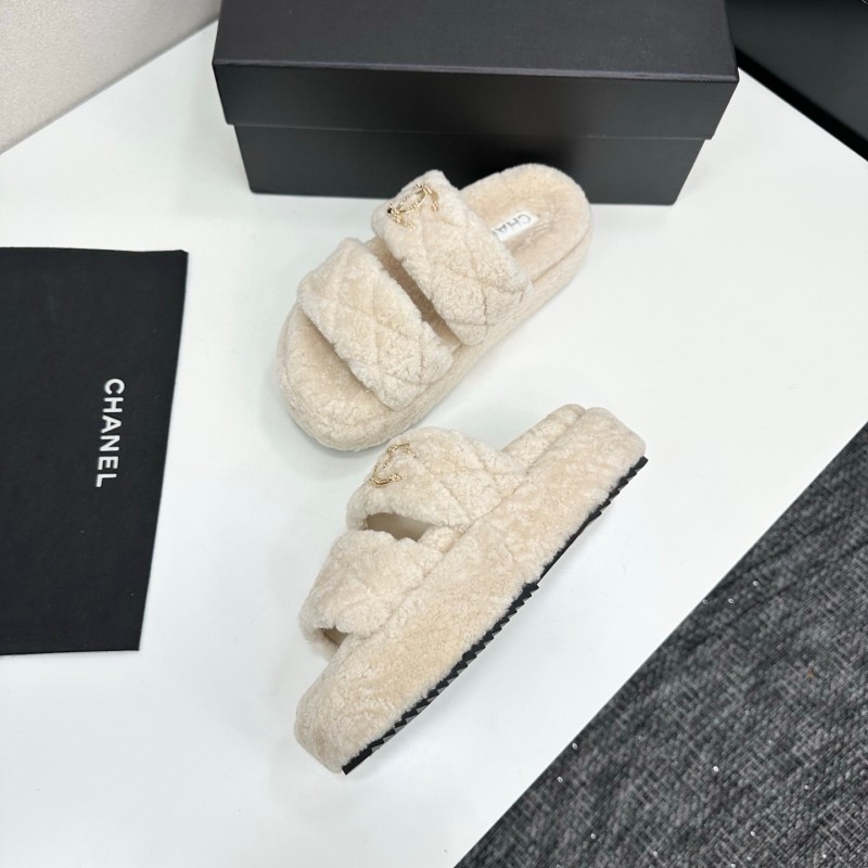 Chanel 2025 SS New Autumn Winter Lazy Sheep Genuine Wool Lazy Slippers Chanel Quilted Thick Sole Fur Slides - LY00300