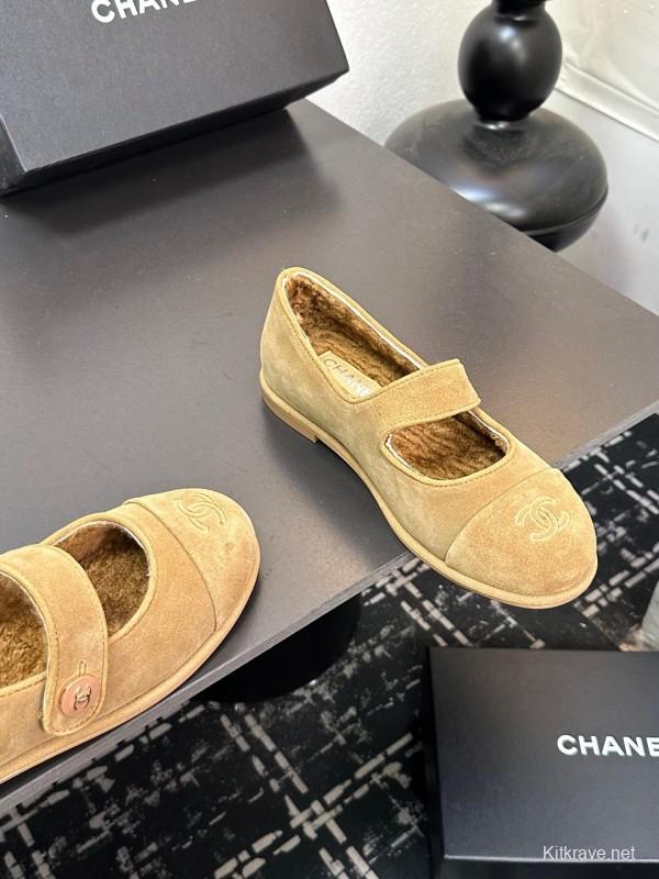 Chanel 2025 SS New French Style Mary Jane Flat Shoes with Fur - KFY00300