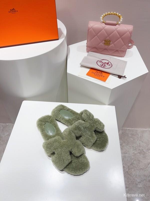 H Teddy Wool H Slippers Flat Sole Fur Slippers for Autumn Winter - LY00240