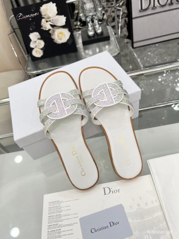 Dior D-Lane Sandals Hollow-out Flat Sandals with Gold Embellishment - LY00220/LY00260