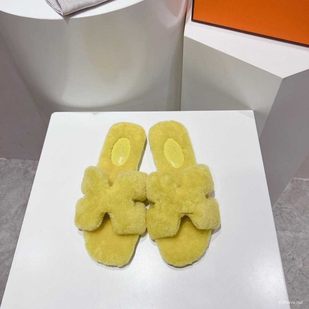 Hermès Teddy Wool H Slippers Flat Sole Fur Slides - LY00240