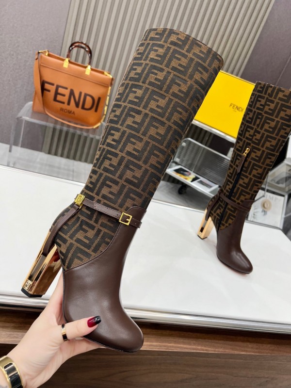 FENDI Delfina Round Toe Boots with FF Buckle and Heel Detailing - LY00