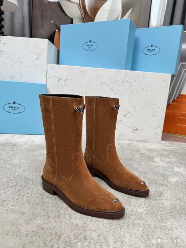 Prada Classic Triangle Logo Pointed Toe Boots - LY00350