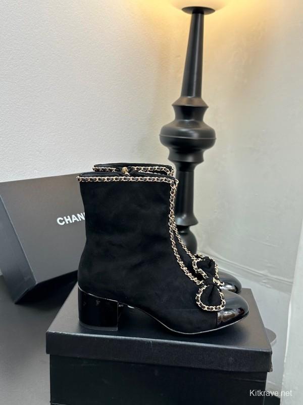 Chanel 2025 SS Chain Bow Chunky Heel Ankle Boots - LY00370