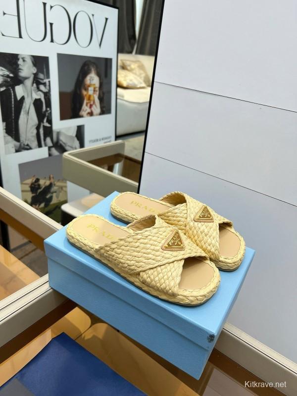 Prada Raffia Handwoven Cross Sandals 2025SS - KFY00260