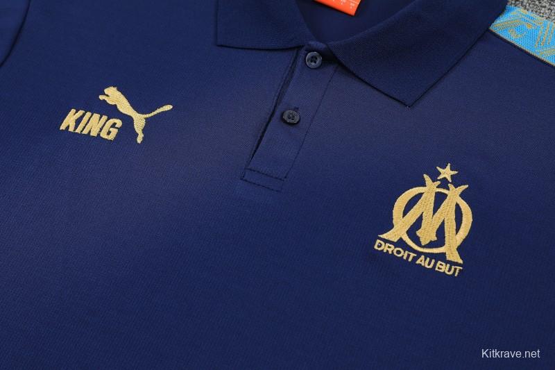 26/27  Marseille Navy Blue  Polo Training Shirt + Long Pants Tracksuit