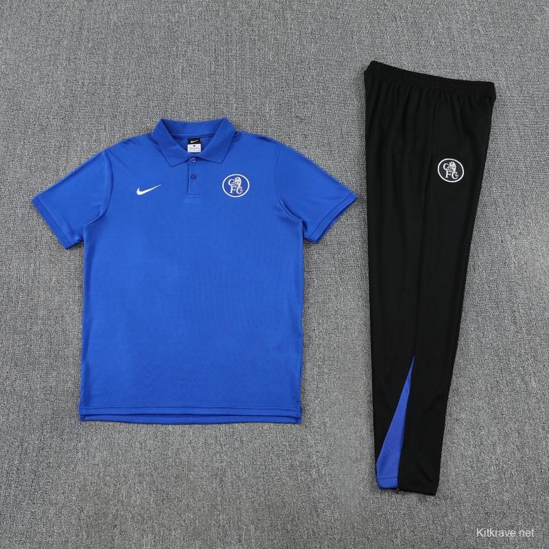 26/27  Chelsea Blue Polo Training Shirt + Black  Long Pants Tracksuit