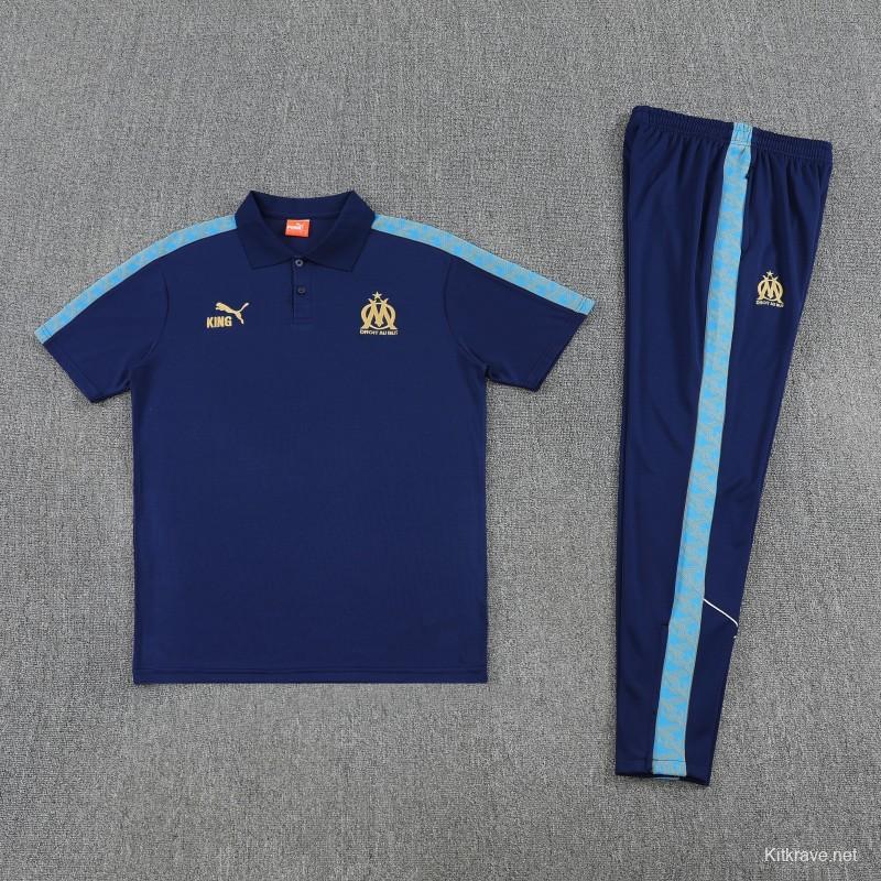 26/27  Marseille Navy Blue  Polo Training Shirt + Long Pants Tracksuit