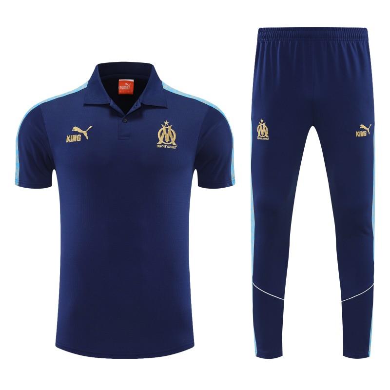 26/27  Marseille Navy Blue  Polo Training Shirt + Long Pants Tracksuit