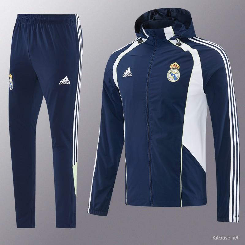 26/27 Real Madrid Navy Blue Full Zipper Hooded Windbreaker Tracksuit + Long Pants