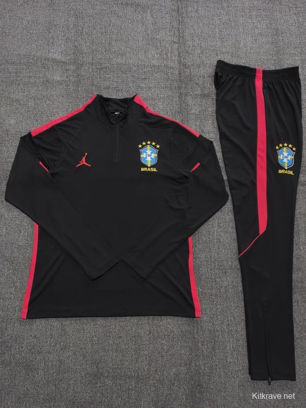 26/27 Kids Brazil Black & Red Half Zipper Jacket Tracksuit + Long Pants