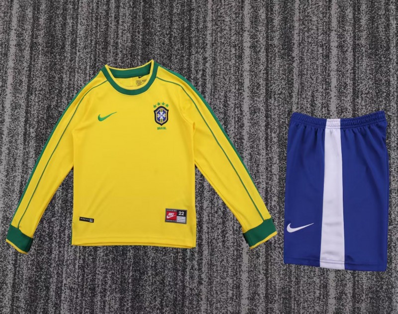 Retro Kids 1998 Brazil Home Long Sleeve Jersey