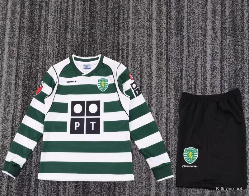 Retro Kids 01/03 Sporting CP White Green Home Long Sleeve Jersey
