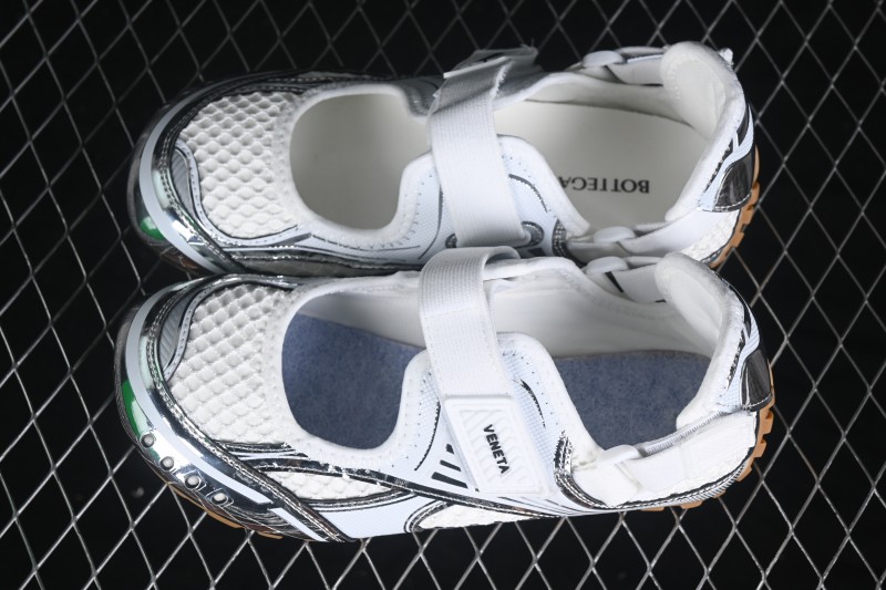 Bottega Veneta Orbit Flash Round-Toe Mary Jane Flat Shoes in Silver White and Fiber White - AJE5