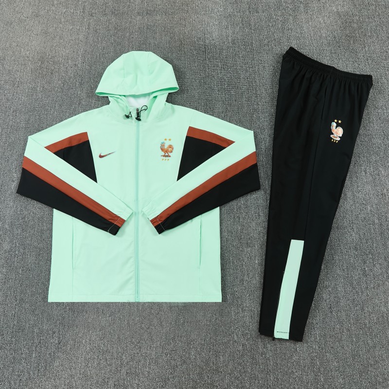 26/27 France Light Green Full Zipper Hooded Jacket Tracksuit + Long Pants